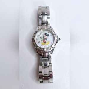 Silver Mickey Mouse Watch with White Dial and Crystal Bezel